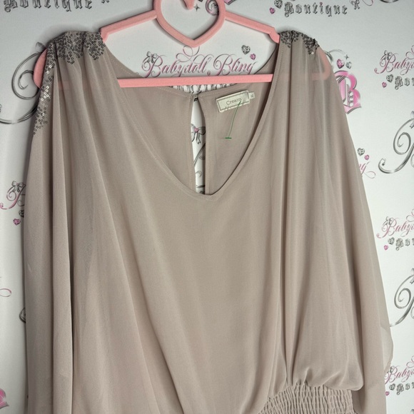 Cream dress bat wing open shoulder cold shoulder sparkly sequin tan flowy luxe - Picture 5 of 11